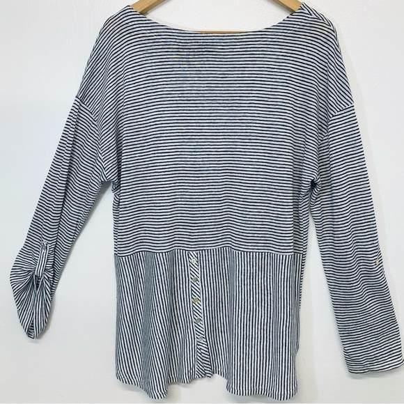 Adrienne Vittadini Linen Top Woman Large  Blue White Stripe Nautical Beachy Work - Picture 1 of 7
